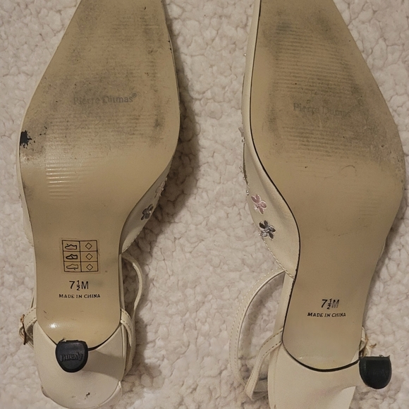 WOMENS PIERRE DUMAS LEATHER POINTED TOE CREAM FLORAL HEELS W/ ANKLE STRAP SZ 7.5 - Picture 9 of 16